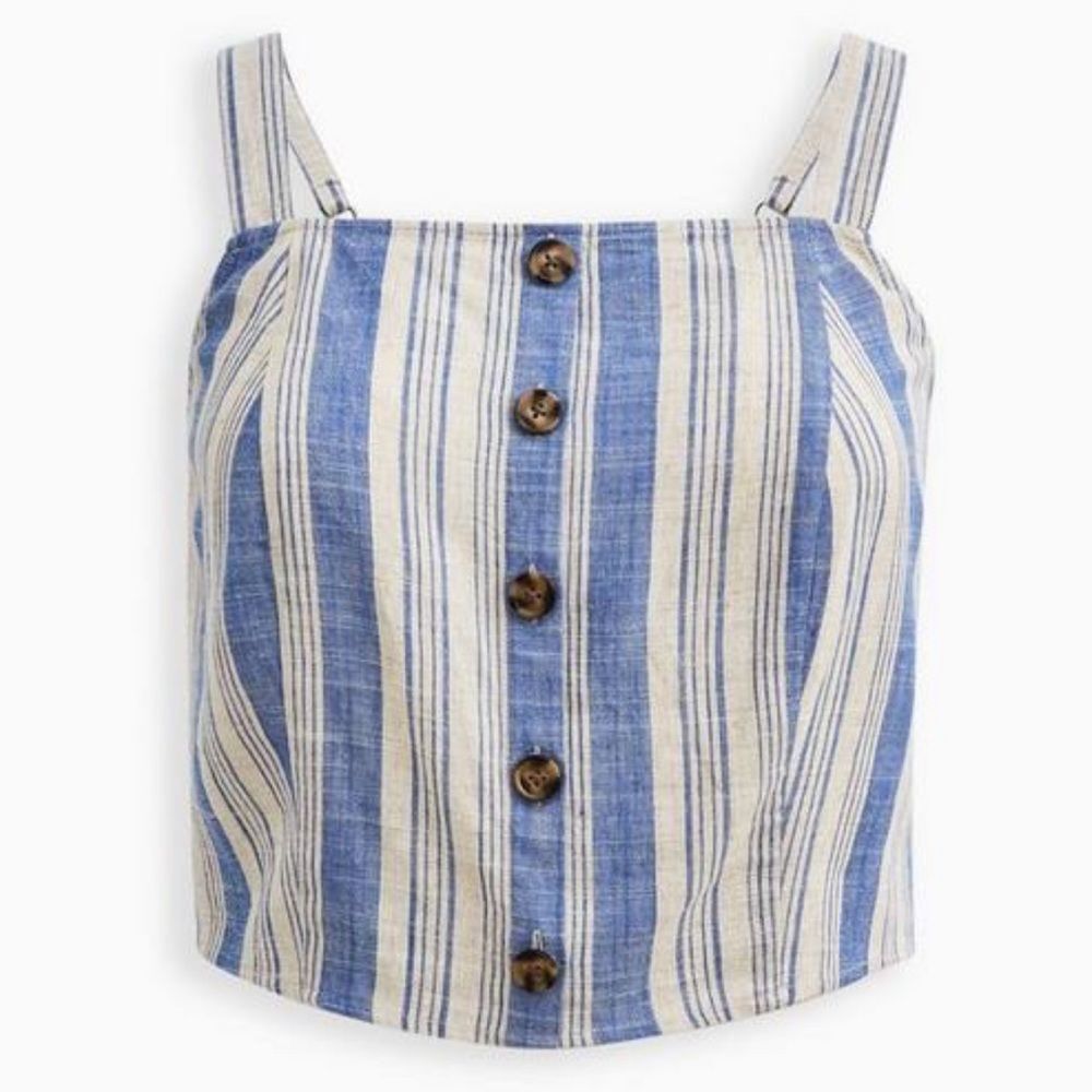 Torrid Linen Blend Button Front Crop Tank Size 00 8/10 Smocked Back Blue White